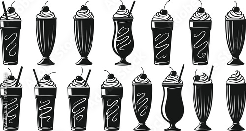 Black on White Milkshake and Smoothie Silhouettes - Glasses with Swirls and Toppings