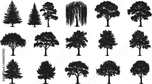 Vector silhouette collection of various trees, nature illustration set, forest and landscape elements, perfect for design, print, or digital use