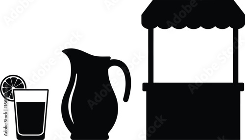 Black on White Lemonade Stand Silhouettes - Pitcher, Glass, and Lemon Icons