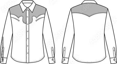 Western style shirt front and back vector template, long sleeve button-up fashion design with yoke detail, clothing sketch mockup