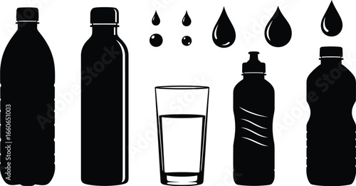Black on White Water and Hydration Silhouettes - Bottles and Glasses