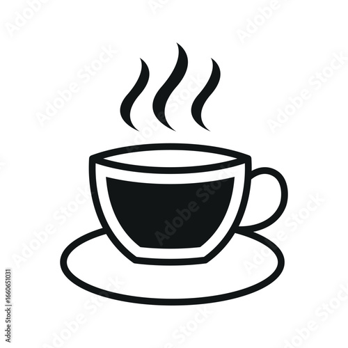 Coffee glass mug icon in bold glyph with steam for beverage, menu, and cafe projects.