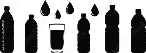 Black on White Water and Hydration Silhouettes - Bottles and Glasses