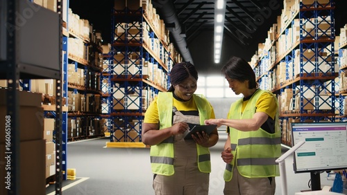 Cuadro en lienzo African american and asian people managing online orders and airway bills, checking the inventory before preparing the products in packages