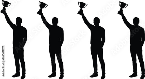 Winning celebration, man holding trophy, champion success, award silhouette, victory achievement, proud winner figure, vector illustration, black silhouette design