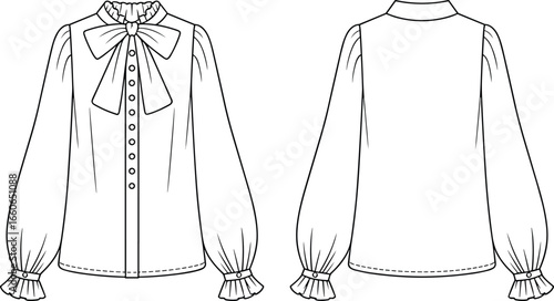 Women blouse flat sketch with bow tie, puff sleeves shirt CAD drawing, front and back view, vector fashion technical illustration