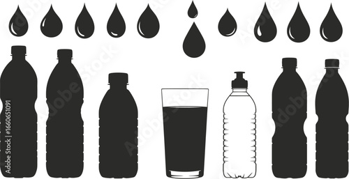Black on White Water and Hydration Silhouettes - Bottles and Glasses