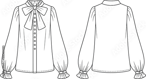 Women blouse flat sketch with bow tie, puff sleeves shirt CAD drawing, front and back view, vector fashion technical illustration