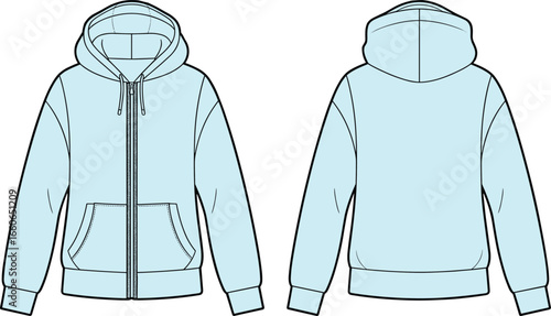 Zip up hoodie front and back vector template with kangaroo pocket and drawstring hood, unisex fashion garment flat sketch