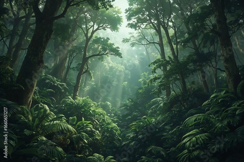 Sunbeams pierce misty jungle path, lush foliage, adventure backdrop