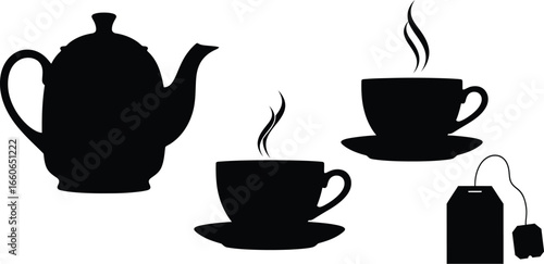 Black on White Tea Time Silhouettes - Teapots, Teacups, and Tea Bags Icons