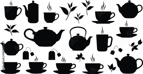 Black on White Tea Time Silhouettes - Teapots, Teacups, and Tea Bags Icons