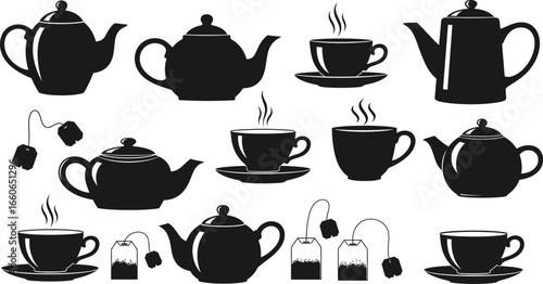 Black on White Tea Time Silhouettes - Teapots, Teacups, and Tea Bags Icons