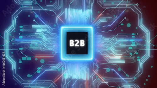B2B – Business to Business. B2B concept head up display (HUD UI) panel and futuristic technology . Digital Data moving on Circuit Board and CPU . Computer Processing and organizing data.