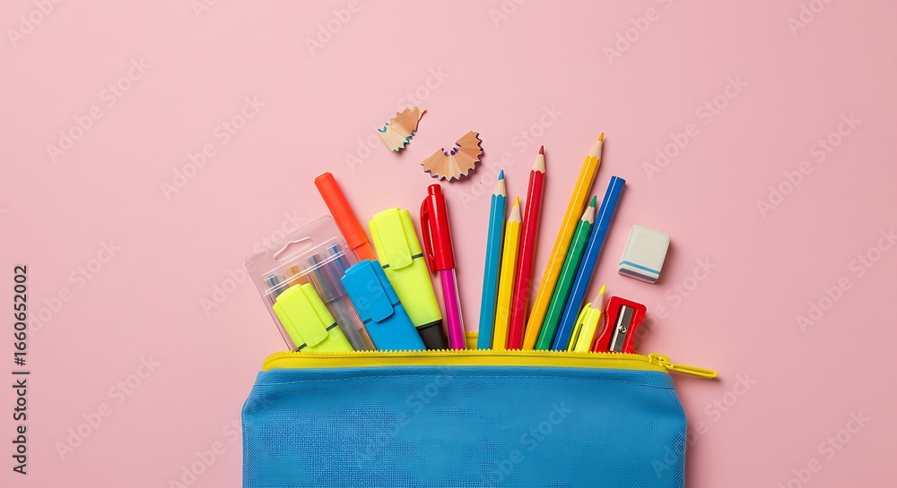Fototapeta premium pencil pouch unzipped with items spilling