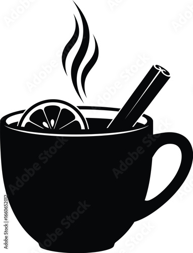 black cup of tea with lemon and cinnamon clip art preview