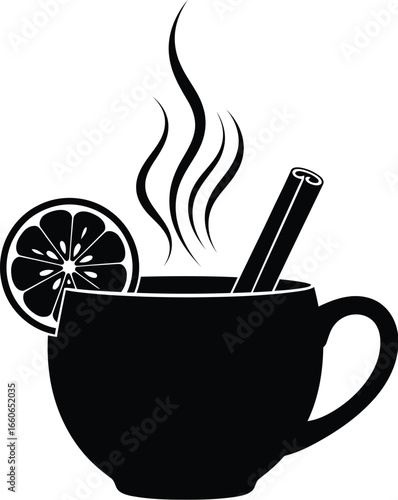 black cup of tea with lemon and cinnamon clip art preview