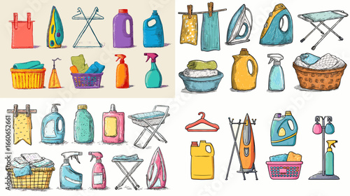 Illustration set of cleaning and laundry tools such as detergents, irons, spray bottles, hangers, and baskets. Colorful doodle elements for home service, hygiene, or household design themes.