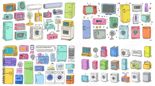 Set of vintage and colorful household appliances including fridges, TVs, ovens, fans, and radios. Retro-style home electronics illustration perfect for nostalgia, poster, or decor design.