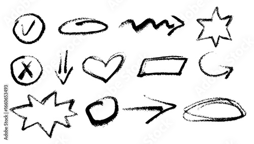 Crayon star, arrow and circle set. Black charcoal elements