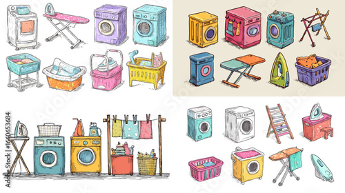 Colorful hand-drawn laundry appliances and accessories including washing machines, irons, baskets, and detergents. Perfect for home cleaning, laundry service, or household vector designs.