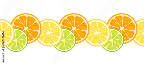 Juicy citrus fruits slices seamless border with orange, lemon and lime on transpent background. Vector illustration in flat style