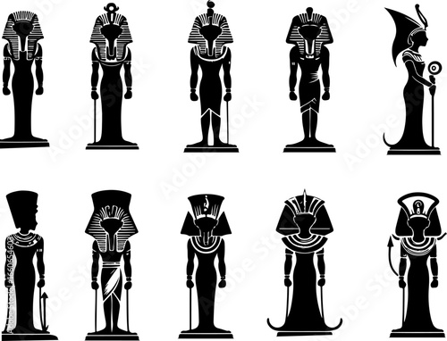 Vector sketch illustration collection of silhouette sketches of character designs of ancient Egyptian gods and pharaohs