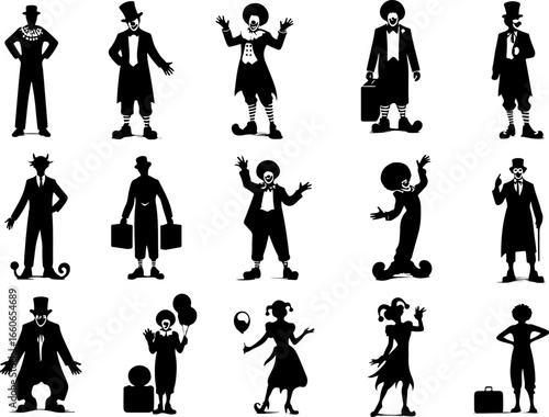 Vector sketch illustration collection of silhouette sketches of cute, cheerful clown designs for children's entertainment at events