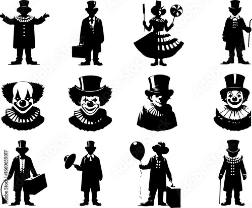 Vector sketch illustration collection of silhouette sketches of cute, cheerful, funny clown designs with creepy-faced event entertainers