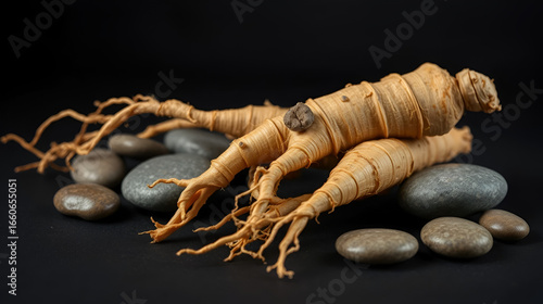 Ginseng roots shown with stones against a dark backdrop This plant has anti inflammatory properties that may lessen inflammation