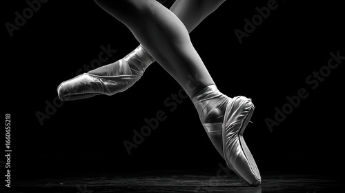 Elegant ballet dancer feet and legs crossed. Graceful pose with pointe shoes on dark stage. Classical dance artistry in monochrome.
