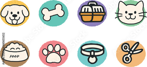 collection of pet care icons created in a hand-drawn