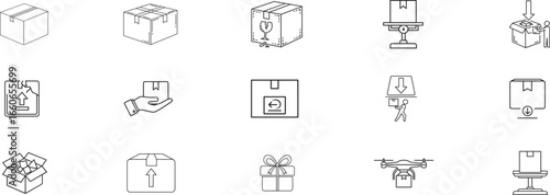 Set of Shipping, Logistics, and E-commerce Icons, Including Cardboard Boxes and Delivery Symbols