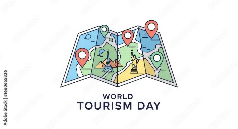 Obraz premium World Tourism Day Illustration with Map and Landmarks.