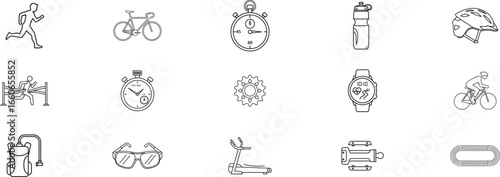 Dynamic Collection of Minimalist Line Icons Highlighting Fitness Gear and Activities from Cycling to Running in Black Outline Style