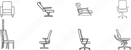 Set of Minimalist Line Icons Featuring Various Chair Designs Including Office and Lounge Styles in Black Outline Style