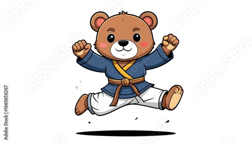 Cute cartoon bear in a martial arts uniform jumping