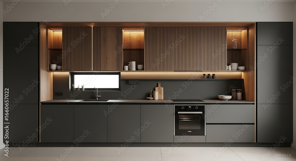 Fototapeta premium Architectural Dark Kitchen Interior with Warm Backlit Wood Shelving and Sleek, Handleless Design.