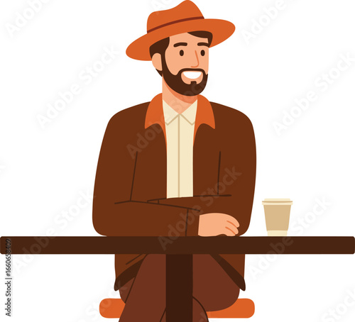 Man wearing brown jacket and orange hat sitting at table with coffee cup in flat vector style 