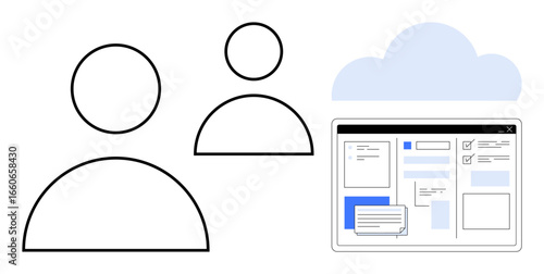 User icons connected to a cloud and an online workspace interface illustrate teamwork, remote collaboration, and cloud technology. Ideal for digital workflow, project management, communication