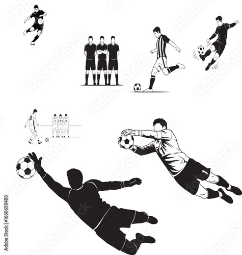 A collection of black and white illustrations showing various soccer players in action poses.