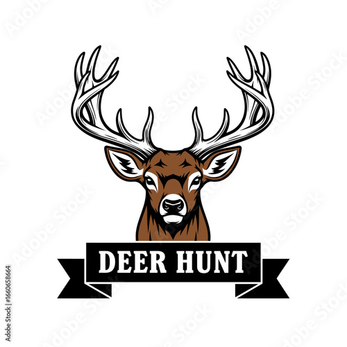 A striking deer head logo perfect for hunting brands.  Features majestic antlers and a bold 'Deer Hunt' banner.
