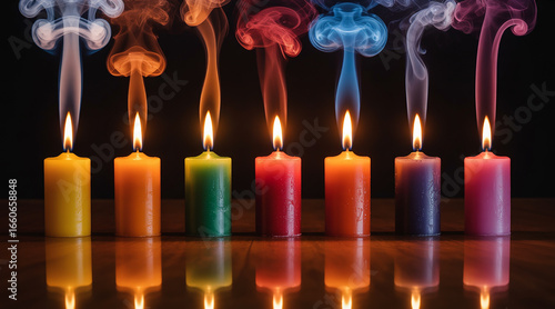 Colorful smoke trails rise from lit candles in a row