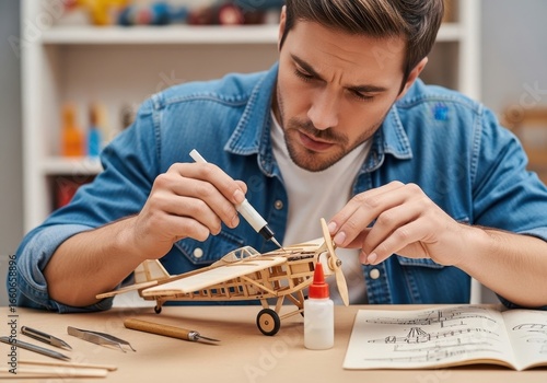 A man meticulously assembling a balsa wood airplane model. Hobby skill, craft, and diy project. Leisure activity for christmas holiday.