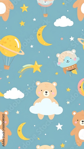 Cute cartoon bear, space, and sky pattern