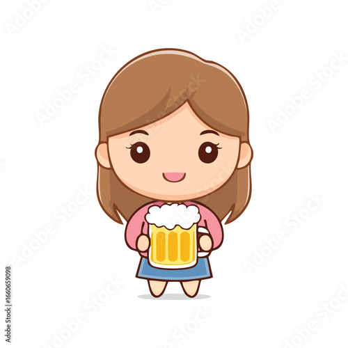 An illustration of a cute cartoon character holding a beer mug. The character has a smiling face, is dressed in casual attire, and a refreshing beverage