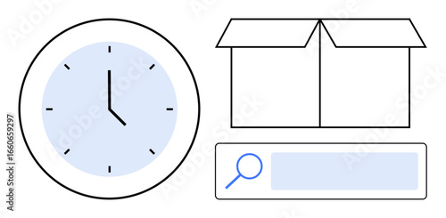 Analog clock with blue face, open cardboard box, magnifying glass with search bar. Ideal for time management, productivity, search, organization, logistics, discovery simple landing page