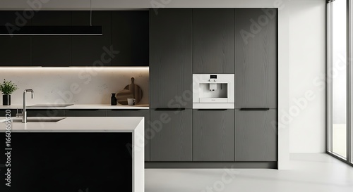 Dark Minimalist Kitchen with a Striking White Integrated Coffee Machine and Warm Lighting.