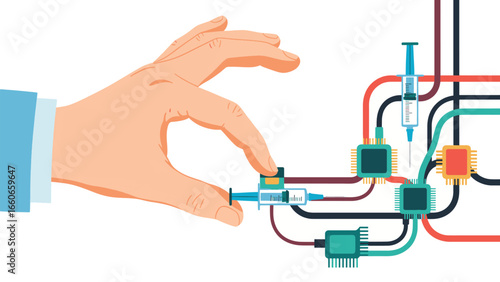 A human hand carefully connects a syringe to a complex network of circuits and tubes, symbolizing medical innovation and technological integration.