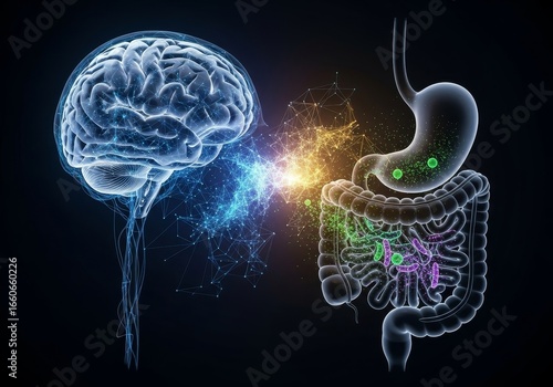Conceptual illustration of Gut-Brain Axis. 3D Medical Illustration of Brain and Intestine Connection. Microbiome bacteria as tiny, glowing particles within the gut